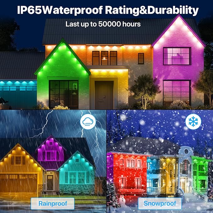 Permanent Outdoor Lights, 50FT RGB+IC LED Lights with Smart APP & Remote Control, 72 Scene Modes, Waterproof IP65 for Holiday, Christmas, Yard Decorations(Extension Cord Not Included)