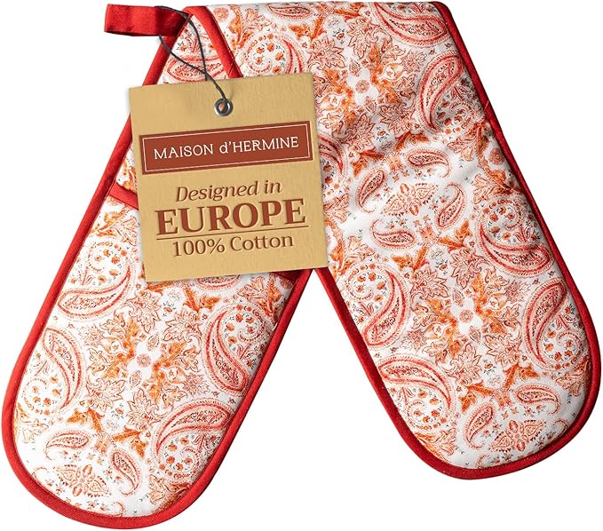 Maison d' Hermine Double Oven Mitt (7" x 35") 100% Cotton Heat Resistant BBQ Cooking Gloves with Loop for Thanksgiving Christmas Decorations Baking Cooking Barbeque Handling Hot Pan (Orient)