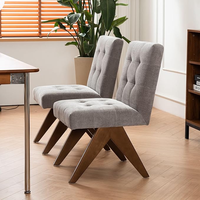 Rowill Modern Upholstered Dining Chairs Parsons Chair Linen Fabric Kitchen Chairs Tufted Armless Dining Room Chairs with Wood Legs Set of 6, Light Grey