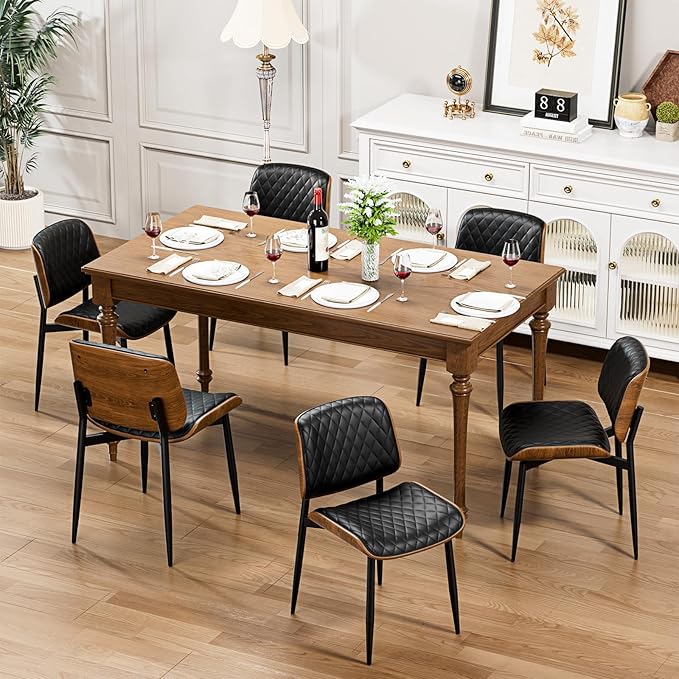 Dining Chairs Set of 8, FSC Certified Mid Century Modern Accent Dining Room and Kitchen Chairs, Upholstered PU Leather Diamond Check Chairs with Walnut Bentwood and Metal Legs, Black