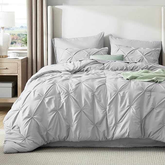 Bedsure Queen Comforter Set Light Grey - Bed in a Bag Queen Size Bedding 7 Pieces, GentleSoft™ Pintuck Bed Set Gift for Family, Pinch Pleat All Season Comforter with Sheets, Pillowcases & Shams