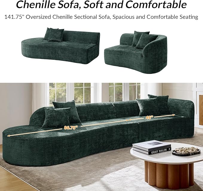 141.75" Oversized Boneless Sectional Sofa with 4 Pillows, Modern Curved Design All-Foam Cushion, No Assembly Required Large Floor Cloud Couch for Living Room, Olive