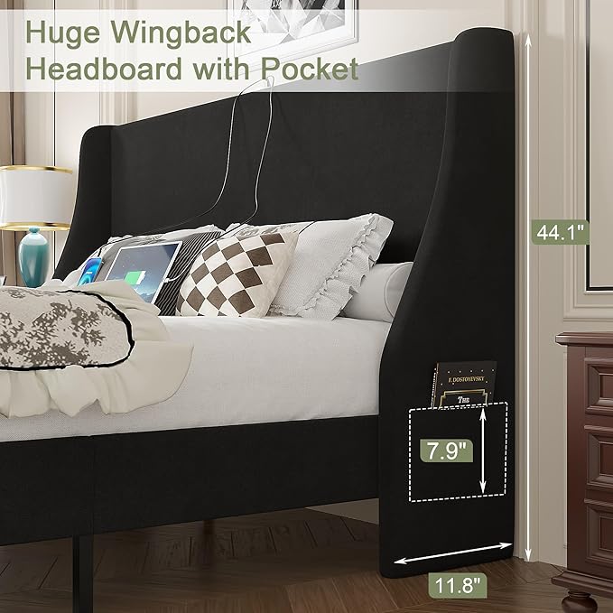 VECELO Queen Bed Frame with Upholstered Wingback Headboard, Heavy-Duty Platform Bedframe with Charging Station, Wooden Slats, No Box Spring Needed, Grey