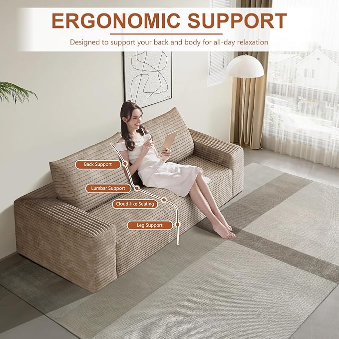 71" Corduroy Loveseat Sofa, 3-Seater Cloud Couch, Boneless Couch in a Box, Comfy Deep Seat Sofa with Memory Foam, Pillows and Wide Armrests, Modern Small Couches for Small Spaces, No Assembly (Camel)