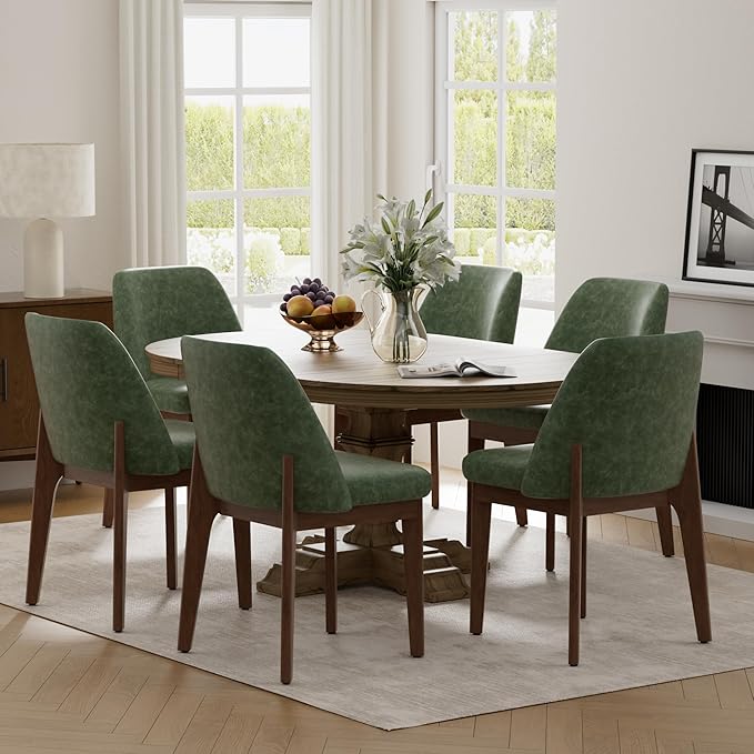 VKNOW Modern Dining Chairs Set of 6, Faux Leather Kitchen Chairs with Wood Legs, Upholstered Side Chair for Kitchen Dining Room, Green
