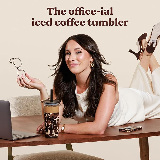 REDUCE Aspen 20 oz Vacuum Insulated Glass Tumbler with Lid & Extra Wide Straw - Keeps Drinks Cold for 12 Hrs - Ideal for Iced Coffee, Smoothies & Boba - Dishwasher Safe, Soft Base - Blonde Tortoise