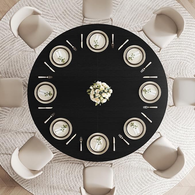 LVB Black Round Dining Table for 6 to 8, 60” Modern Wood Metal Kitchen Table, Industrial Large Dinner Room Table, Circle Dining Table for Home Gathering Living Room