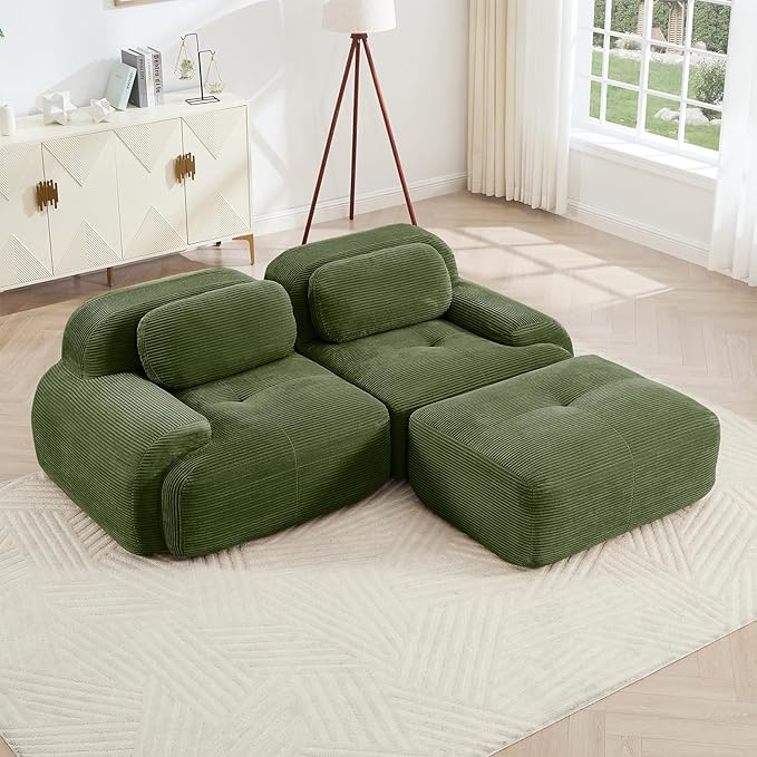 80" Modern Compressed Boneless Love Seat Couches with 1 Ottoman, 2 Seater Large Sectional Couches for Living Room, Green Corduroy Cloud Modular Sectional Sofa, Memory Foam, Deep Loveseat, No Assembly