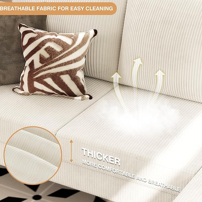 VICTONE Convertible Sectional Sofa Couch, 3 Seat L-Shaped Sofa with Linen Fabric Ottoman Small Couch for Small Apartments, Living Room and Office (Corduroy, Cream)