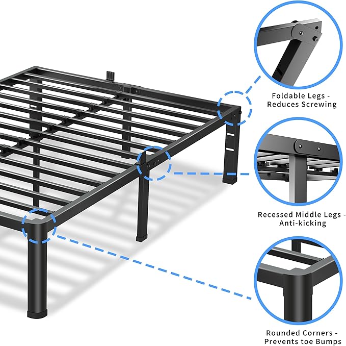 16 Inch Twin Size Bed Frame, 3500Lbs Heavy Duty Metal Platform with Round Corner Legs Mattress Slide Stopper, Steel Slat Support No Box Spring Needed, Noise Free, Non-Slip, Easy Assembly
