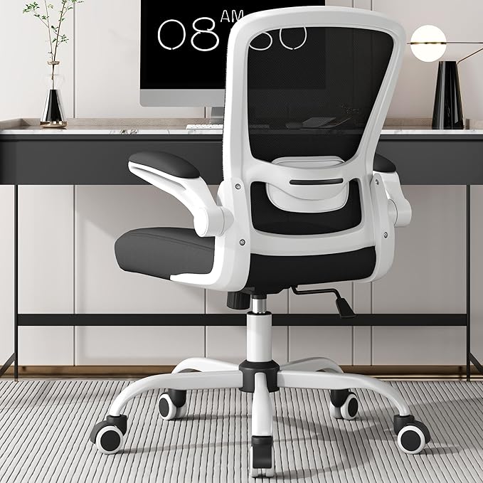 Mimoglad Ergonomic Office Chair - BIFMA Certified, Flip-up Armrests & 135° Recline, Adjustable Lumbar Support - Space-Saving Task Chair for Business/Team Office & Home (White Frame-Black, 300lbs)