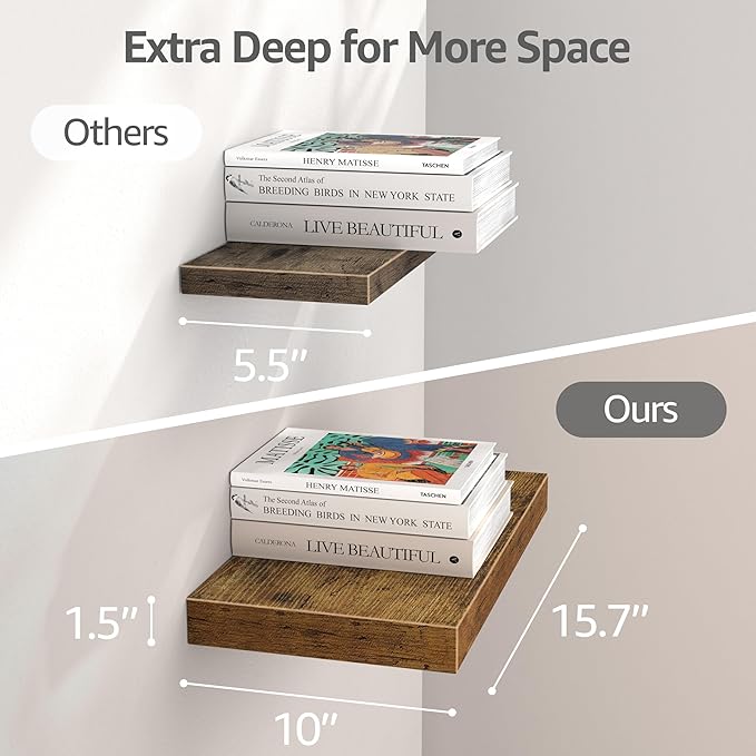 QEEIG 10" Deep Floating Shelves for Wall - 10 x 16 inch Book Shelf Bathroom Bedroom Kitchen Living Room Hanging Bookshelf Farmhouse Set of 3, Rustic Brown (025-40BN3)