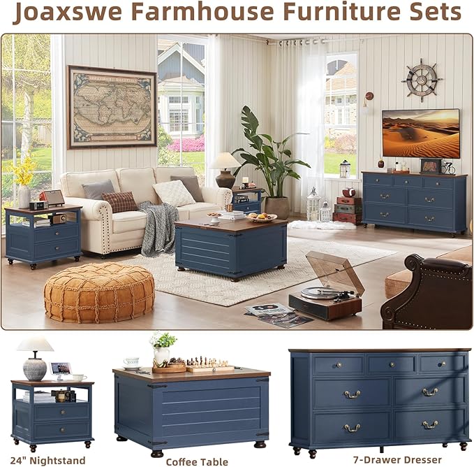 24" Wide Farmhouse Nightstand with Charging Station Set of 2,54" 7 Drawers Dresser, 37" Tall Rustic Chests of Drawers, Farmhouse Furniture Series for Bedroom,DarkBlue
