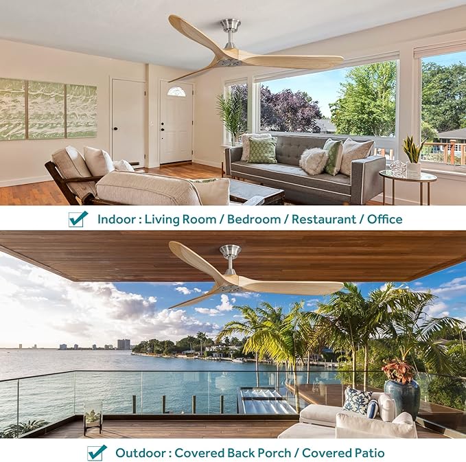 Sofucor Ceiling Fan without Lights, 60 Inch Low Profile Flush Mount Mordern Ceiling Fan with Remote for Indoor Farmhouse Bedroom Living Room Outdoor Patio Porch, Reversible DC Motor, Noiseless