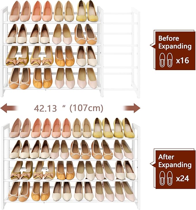 FAVOOSTY 4-Tier Expandable Shoe Rack, Adjustable Shoe Shelf Storage Organizer Space Saving Metal Free Standing Shoe Rack for Entryway Closet Doorway, White