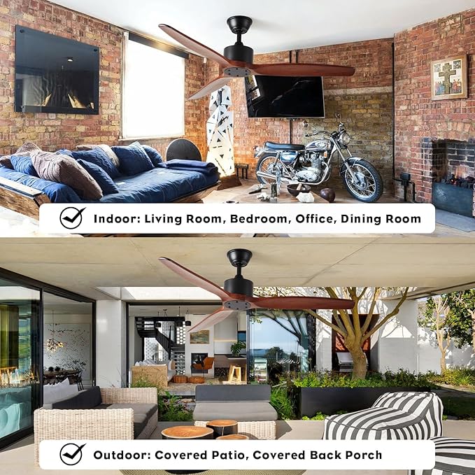 52 inch 3 blade Wood ceiling fan without light, Noiseless Reversible DC Motor Walnut Ceiling Fan Without Light for Farmhouse Patio Living Room Bedroom, Indoor Outdoor Ceiling Fan with Remote