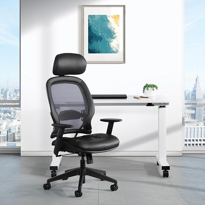 Space Seating Professional AirGrid Back and Padded Black Eco Leather Seat, 2-to-1 Synchro Tilt Control, Adjustable Arms and Tilt Tension with Nylon Base Executives Chair with Adjustable Headrest