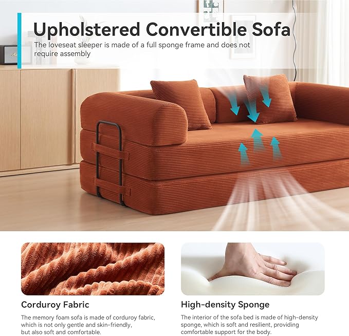 Convertible Sleeper Sofa Bed with Cylindrical Pillow, Modern Corduroy Futon Bed, Modular Sofa with Pull-Out Bed, Love Seat Sleeper for Living Room, Small Space Apartment, Office (Orange)