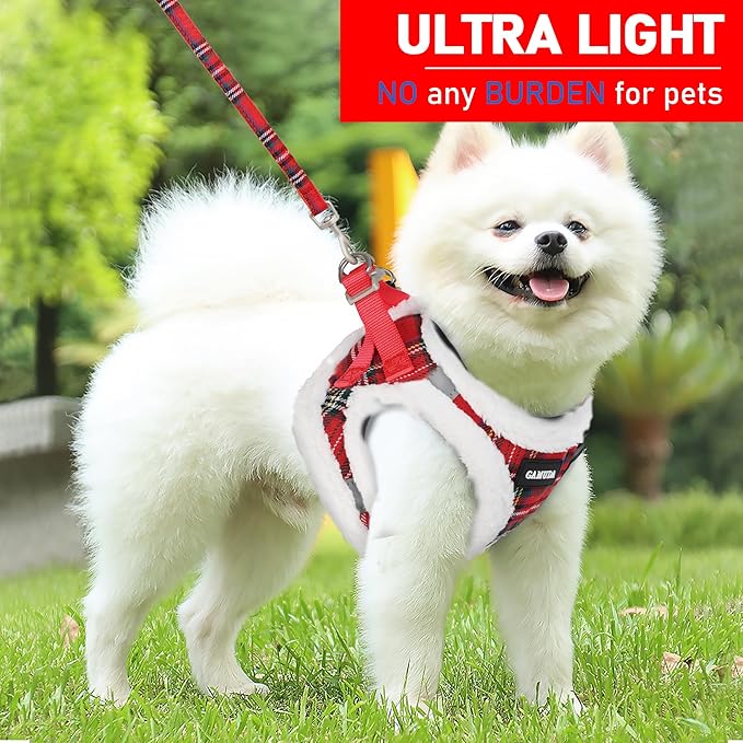 GAMUDA Small Dog Harness Collar and Leash Set, Step in No Chock No Pull Soft Mesh Adjustable Dog Vest Harnesses Plaid Reflective for Dogs Puppy Cats Kitten Rabbit (Warm Red, XS)