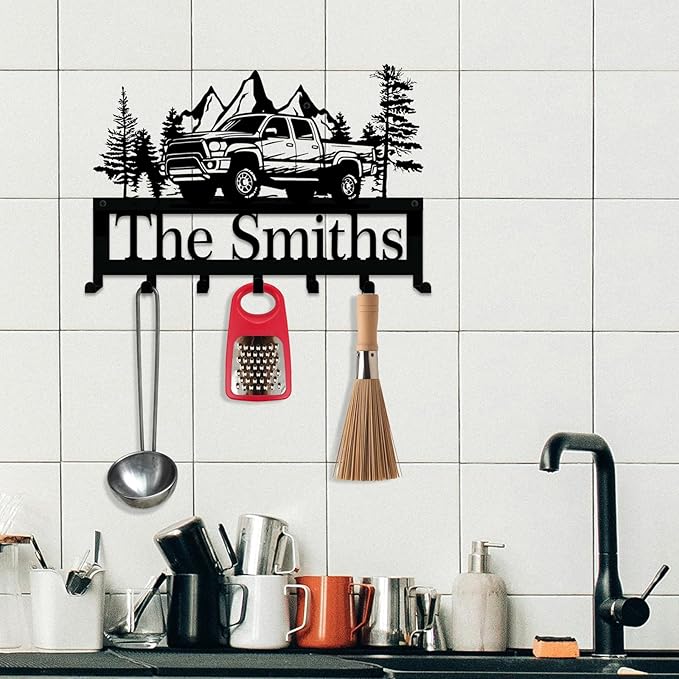 NIWAHO Personalized Family Name Metal Wall Sign with Hooks – Pickup Truck Key Rack Holder Wall Mount Customized Name for Entryway, Mudroom, Garage, or Kitchen Decor
