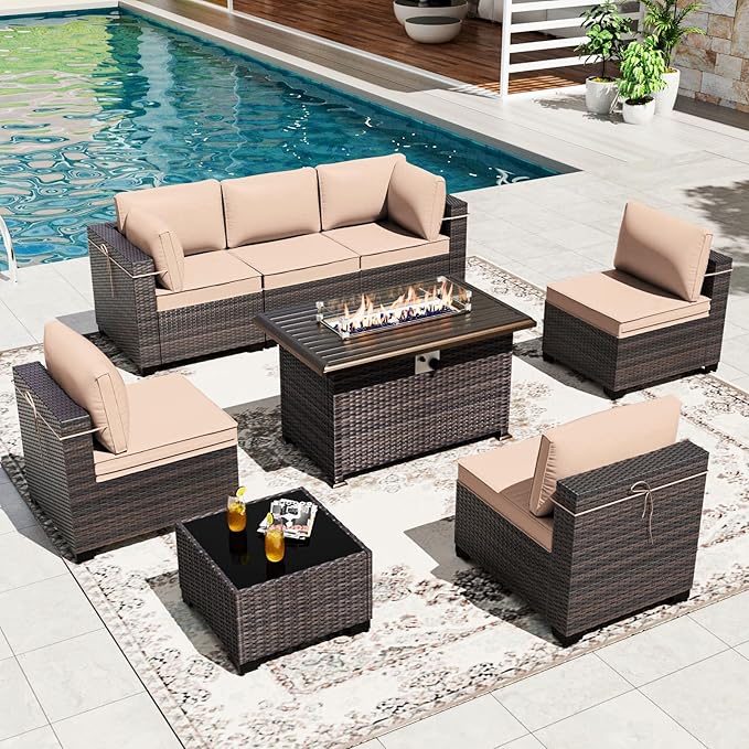 Gotland 8 Pieces Patio Furniture Set with Fire Pit Table, All Weather Rattan Outdoor Furniture with 29.5'' High Backrest 4’’ Thick Cushions Coffee Table, Outdoor Sectional for Porch, Deck, Khaki