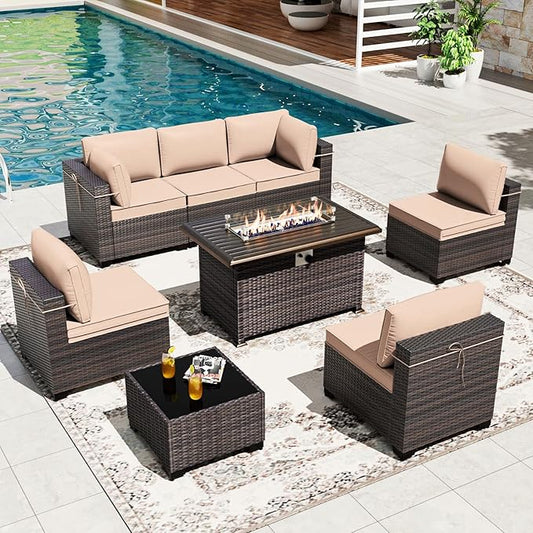 Gotland 8 Pieces Patio Furniture Set with Fire Pit Table, All Weather Rattan Outdoor Furniture with 29.5'' High Backrest 4’’ Thick Cushions Coffee Table, Outdoor Sectional for Porch, Deck, Khaki