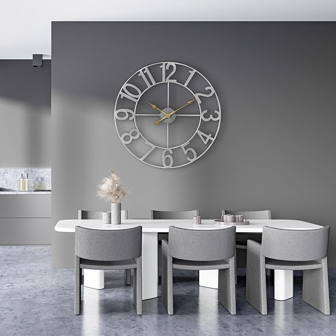 Sorbus 24-Inch Large Wall Clock – Decorative Silver Metal Clock with Gold Hands – Silent, Battery Operated, Modern Wall Decor for Living Room, Kitchen, or Office, Great Gift for Housewarming or Office