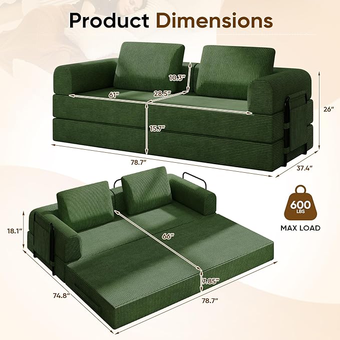 Antetek Convertible Sofa Bed, Comfy Corduroy Fluffy Love seat Sleeper Sofa, 5 in 1 Folding Couch Bed, Fold Out Floor Couch with Pillows for Bedroom, Living Room, Office, Pinstripe, Green