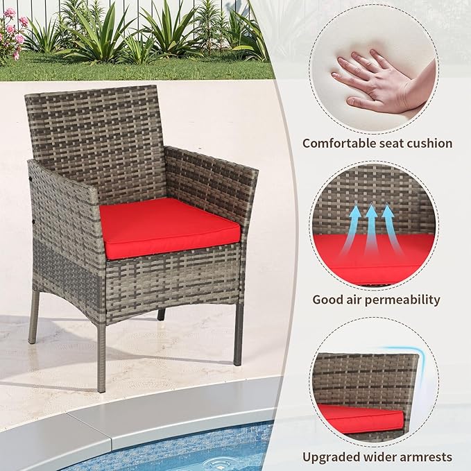 FDW Outdoor Patio Furniture Set Wicker Patio Set PE Rattan Furniture Bistro Set for Outdoor Indoor Use with Loveseats Coffee Table, Red Cushions, 4 Pieces