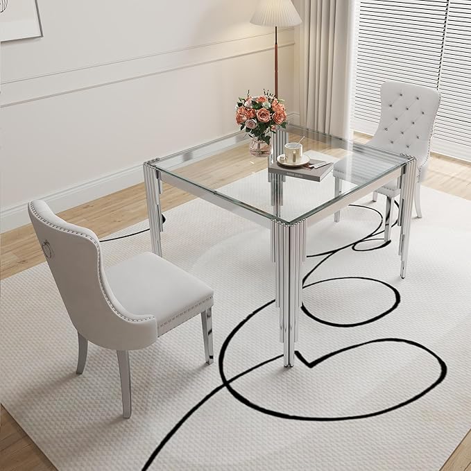 3 Piece Glass Dining Table Set, 35" Square Glass Kitchen Table with 2 White Velvet Upholstered Chairs, Silver Dining Table for 2 with Chairs Set for Kitchen, Living Room