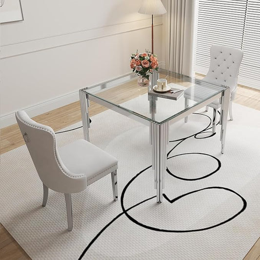 3 Piece Glass Dining Table Set, 35" Square Glass Kitchen Table with 2 White Velvet Upholstered Chairs, Silver Dining Table for 2 with Chairs Set for Kitchen, Living Room