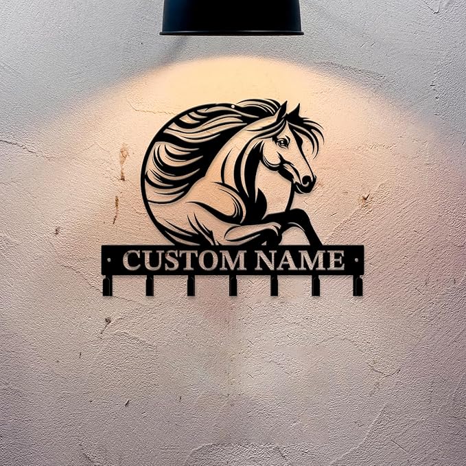 Personalized Custom Name Farm Horse Wall Key Hooks,Metal Horse Art Clothes Hooks,Metal Horse Wall Home Storage Decorative,For Front Door, Hallway, Kitchen, Bedroom,Keys,Hats (Style J)