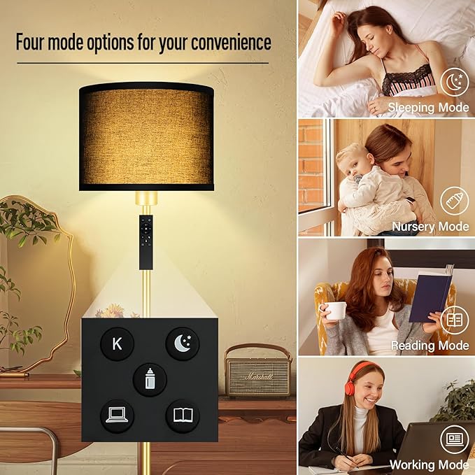 Gold Floor Lamps for Living Room, Stepless Dimmable Floor Lamp with Remote, 2700K-6500K Colors Temperature & Brightness Adjustable,10W/1200LM Black LED Floor Lamp,Modern Standing Lamp for Bedroom