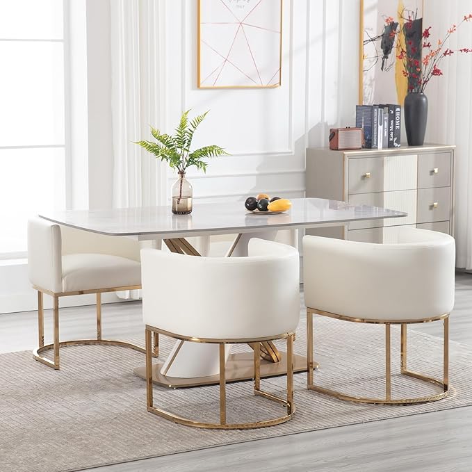 Faux Leather Dining Chairs Set of 4 Modern Barrel Arm Chairs with Golden Metal Frame, Upholstered 18.5" Wide Accent Chairs for Living Room, Dining Room, Restaurant, White