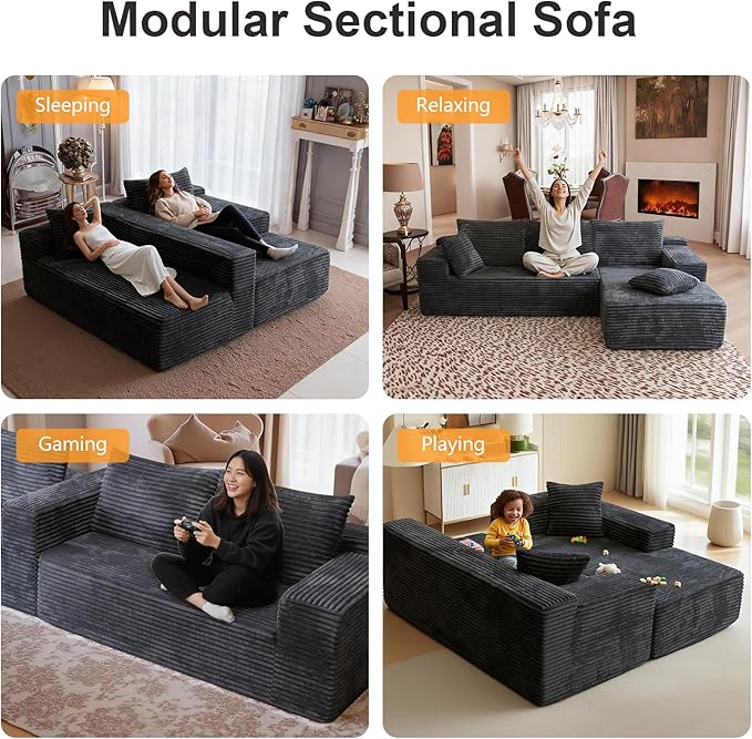 106'' Boneless Couches for Living Room, L Shaped Modular Sectional Sofa with Chaise Lounge, Faux Rabbit Fur & Layered Cushion Deep Seat Cloud Couch, No Assembly (Dark Grey, Right Facing Chaise)