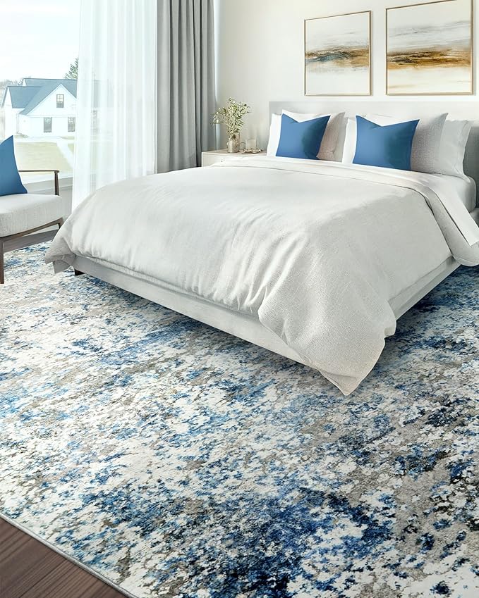 Area Rug for Living Room: 10x14 Washable Neutral Abstract Rug for Bedroom Modern Soft Dining Room Rug No Slip Low Pile Carpet for Nursery Home Office Decor - Grey/Blue