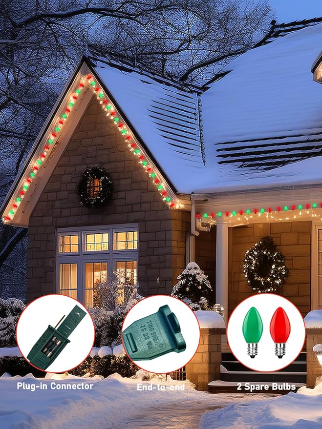 25ft Christmas Lights Outdoor, C7 Vintage Christmas String Lights with 27 Red Green Ceramic Bulbs(2 Spare), Hanging Patio String Lights for Holidays Christmas Party Wedding Decorations, Green Wire