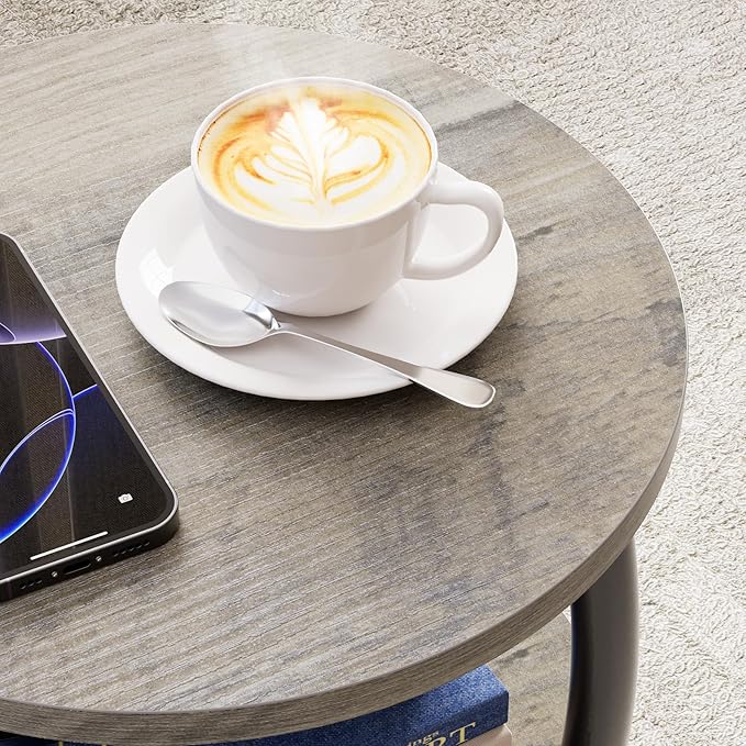 Small Round Side Table, 3-Tier End Table with Storage Shelf, Slim Sofa Table Coffee Table, Sturdy & Easy Assemble Nightstand for Small Spaces, Living Room Bedroom Corner, Grey