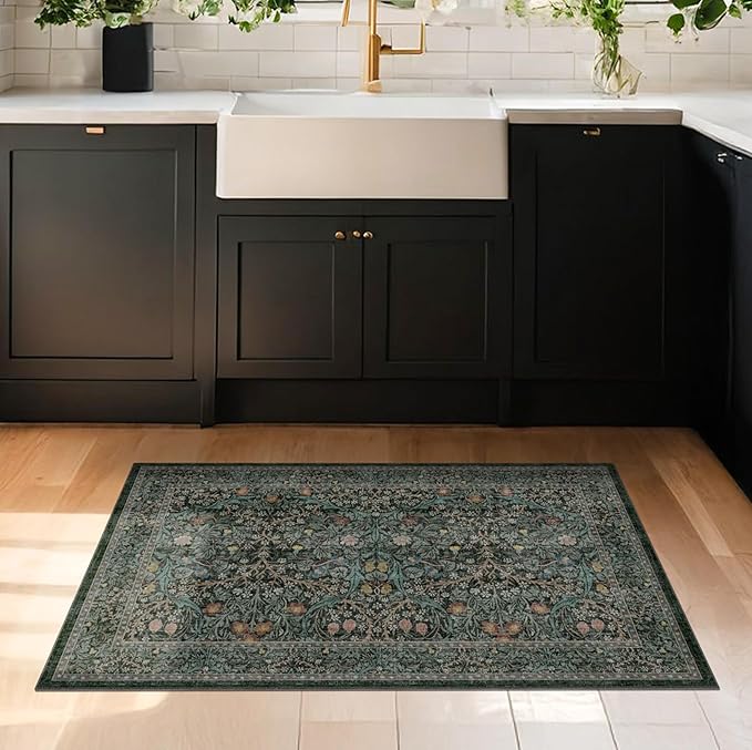 Dark Green Washable Entry Rug - Front Door Throw Rugs Indoor, Non-Slip Bathroom Small Rugs, Vintage Floral Thin Rug for Kitchen, Boho Entryway Décor (2x3 Dark Green)