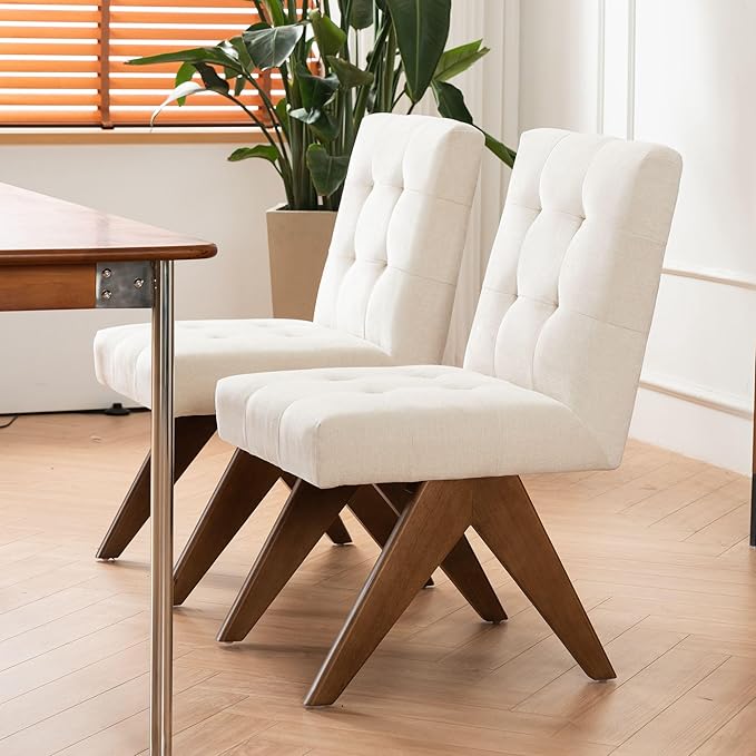 Rowill Modern Upholstered Dining Chairs Parsons Chair Linen Fabric Kitchen Chairs Tufted Armless Dining Room Chairs with Wood Legs Set of 6, Beige