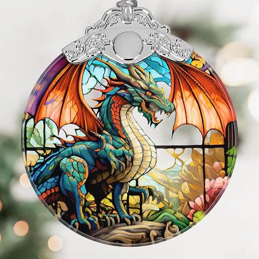 Dragon Christmas Ornament, Stained Glass Hanging Ornament, Christmas Tree Decoration, Holiday Ornament - Dragon with Wingspan