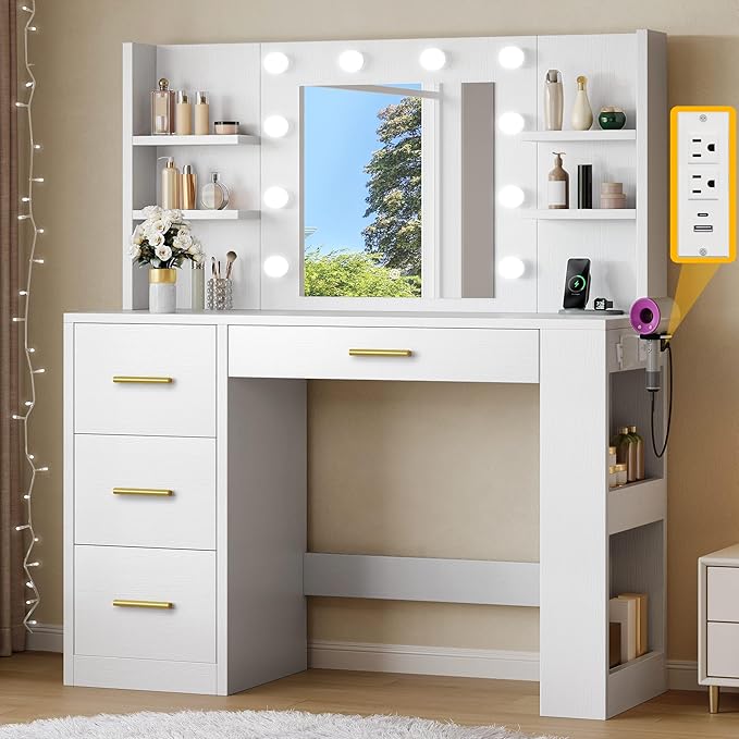 DWVO Vanity Desk with Mirror, Power Outlet and 10 Lights, 40" Big Vanity Makeup Table with 4 Drawers and 8 Open Storage Shelves, 3 Color Modes Adjustable Brightness for Bedroom, White