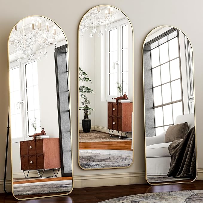 HARRITPURE Arched Full Length Mirror - 64"x21" Large Floor Standing Mirror Aluminum Frame Dressing Mirrors with Stand for Bedroom/Living Room Wall Mounted, Gold
