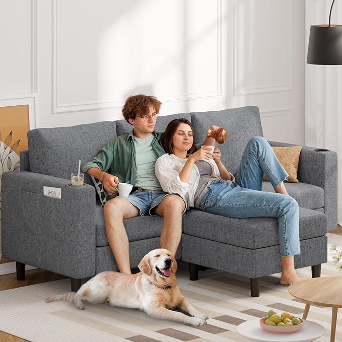 Upholstered Sectional Sofa and Couches, 78'' L Shaped 3-seat Sofa forLiving Room, Apartment, Lounge,Bedroom-Washable Covers Convertible Sofas(Linen Fabric,Dark Gary)