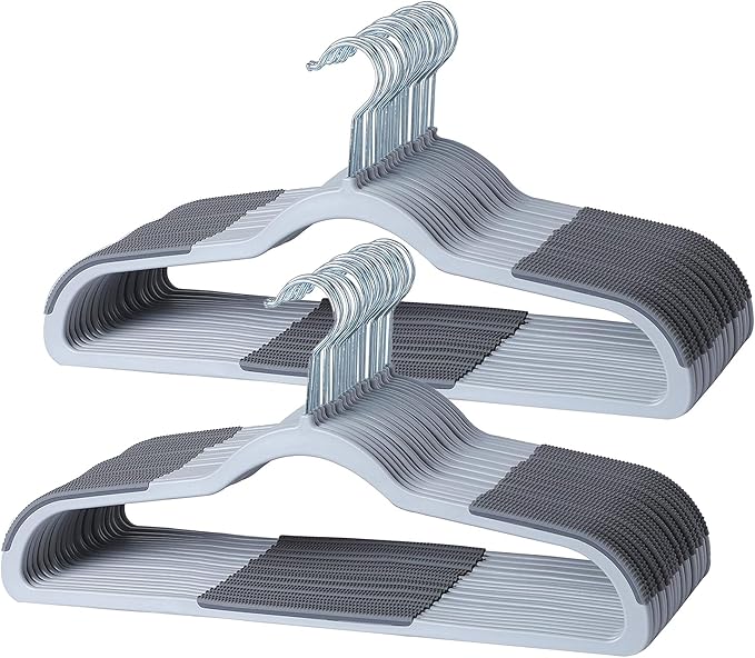 60 Pack Non Slip Hangers, Plastic Clothes Hangers 17.7 Inch - Heavy Duty & Space Saving Slim Hangers with 360° Swivel Hook for Adults, Anti-Slip Strips for Coat, Shirt, Pants (Gray, 60)