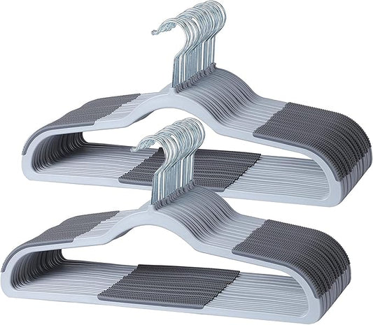 60 Pack Non Slip Hangers, Plastic Clothes Hangers 17.7 Inch - Heavy Duty & Space Saving Slim Hangers with 360° Swivel Hook for Adults, Anti-Slip Strips for Coat, Shirt, Pants (Gray, 60)