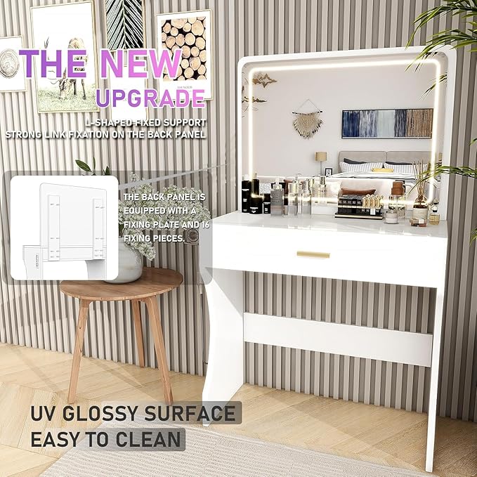 Vanity Desk, Makeup Vanity with LED Light Mirror, Small White Vanity with a Super Large Drawer and Power Outlet, 3 Color Lighting Modes Makeup Table for Bedroom, Dressing Room (White1)