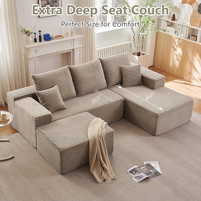 107" U-Shape Cloud Couch, Modern Modular Sectional Comfy L-Shape Sofa with Ottoman, Deep Seat, Upholstered Corduroy Sleeper Chaise Longue for Living Room Bedroom, No Assembly Required, Camel