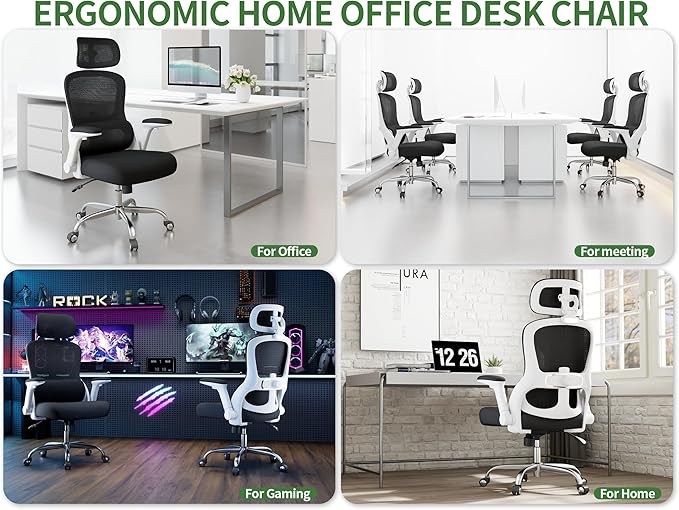 Ergonomic Office Chair - Computer Desk Chair with Adjustable Lumbar Support - 400lbs Executive Desk Chair High Back with Headrest Flip-Up Arms for Long Hours, Rolling Chair (White Black)