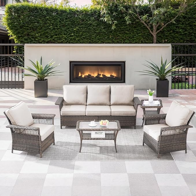 5 Pieces Wicker Patio Furniture Set - Hollow Widen Armrests Outdoor Rattan Chairs, 3 Seat Sofa with Coffee Table & Side Table, Small Patio Convention Set for Deck and Backyard - Brown/Beige